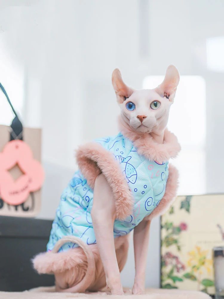 Soft Cotton Coat With Fur for Sphynx Cat Clothes Pink Sweatshirt for Kittens Sweet Costume Sleeves for Female Cats in Winter