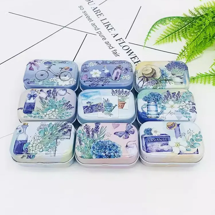 32Pcs(1 Box) New Lavender Flower DIY Mini Cover Iron Tin Earphone Ring Metal Case / Can/Pill Cute Small Kit/Candy Storage Gift