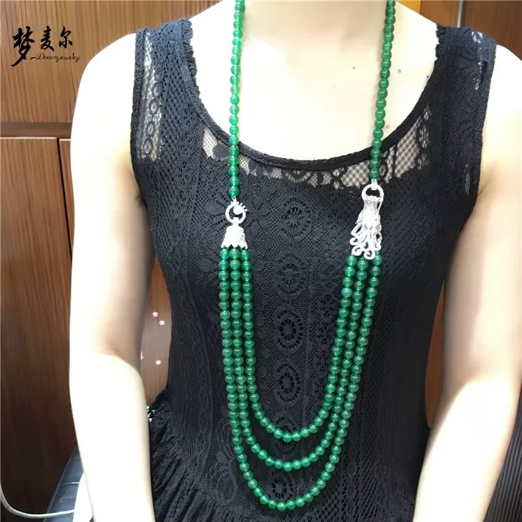 

Women's Green Agate 3 Strands long sweater Necklace