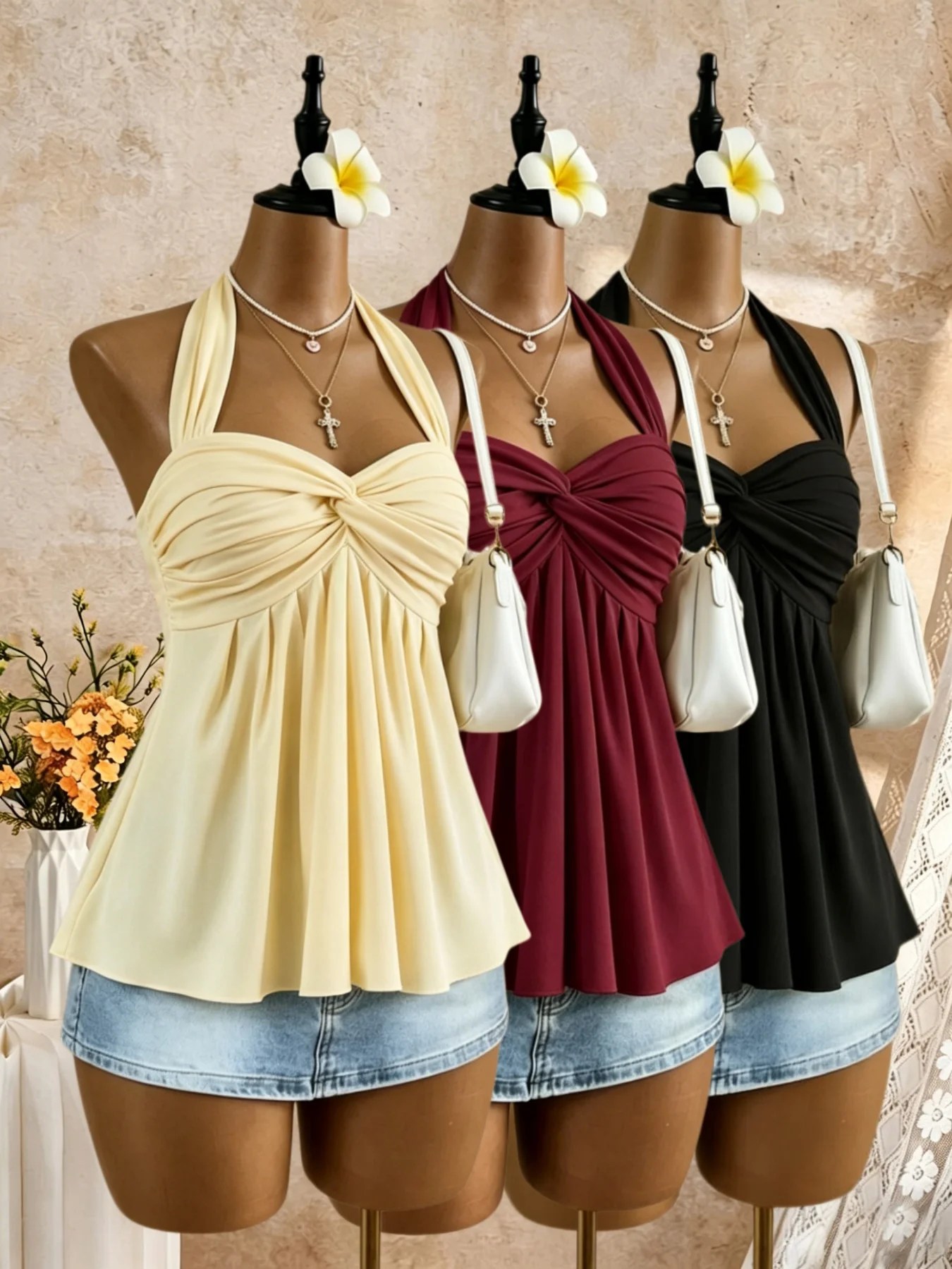 3 Pack Multi-color Women Halter Twist Front Sweetheart Neck Flared Peplum Camisole 2026 Summer Y2K Solid Sleeveless Flowy Beach