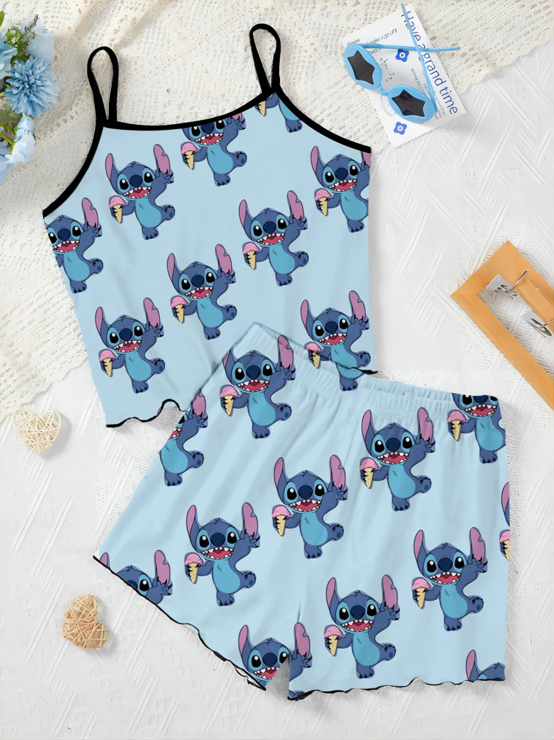 Stitch Sla Trim Luxe Elegante Dames Sets Slip Dress Pyjama Rok T-Shirt Top Disney Stukken Kort 2-delig Pak Disney Home