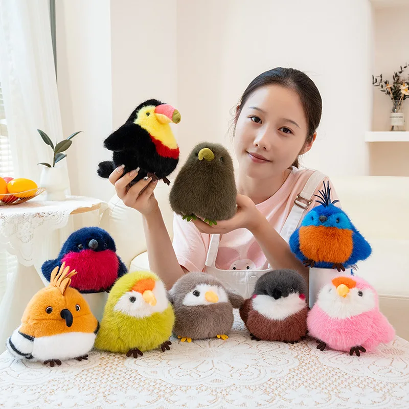 Kawaii mascotas pequeño pájaro juguetes de peluche esponjoso Mini loro colorido Kiwi pájaro búho gorrión muñeca animado lindo niños compañero bonito regalo