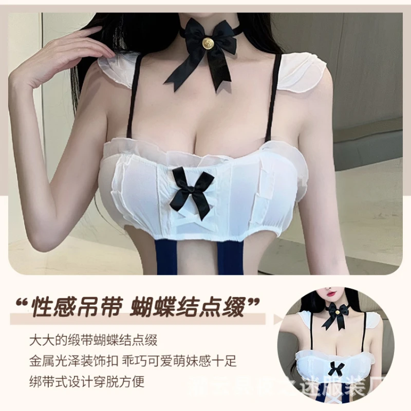 Cosplay Maid Uniform Women Anime Japanese Porno Bodysuit Ruffles Bow Hollow Out Bikini Lingerie Erotic Jumpsuit with Stocking