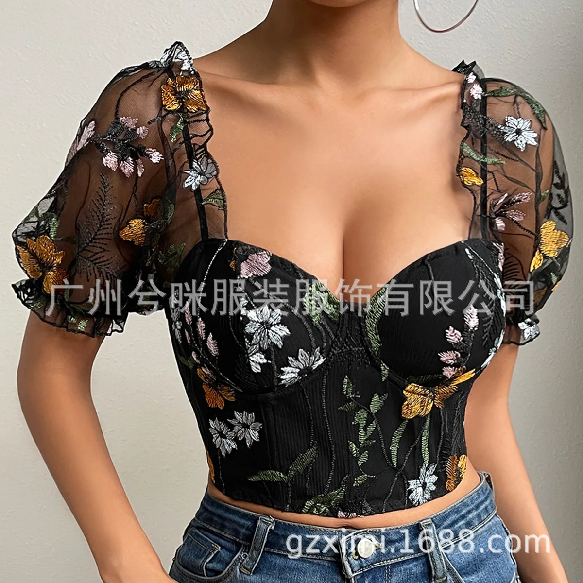 

2025 Woman Clothing Top Women T-shirt Tank Top Female Clothes Tops New Mesh Flower Embroidery Ribbon Bubble Sleeve Slim Top