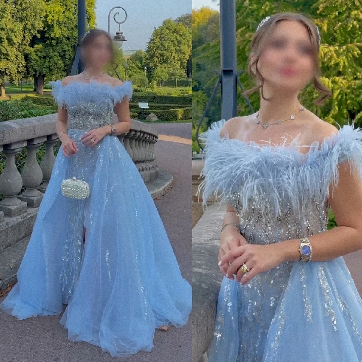 Blue A-Line Evening Dress Feather Split Floor Length Off The Shoulder Prom Dress Formal Occasion Gown For Women Wedding Fashion