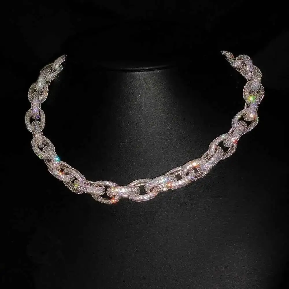 Luxury Custom Hip Hop Rolo Necklace 12mm 925 Sterling Silver Iced Out Moissanite Cuban Link Chain.