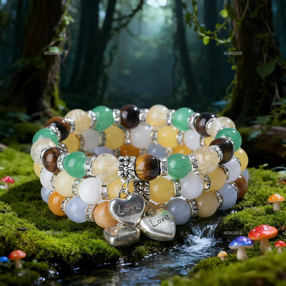 3pcs Love Pendant Natural Stone Bracelet, Energy Healing/Meditation/Yoga Multi Layer Beaded Jewelry,Excellent Gift for Explorers