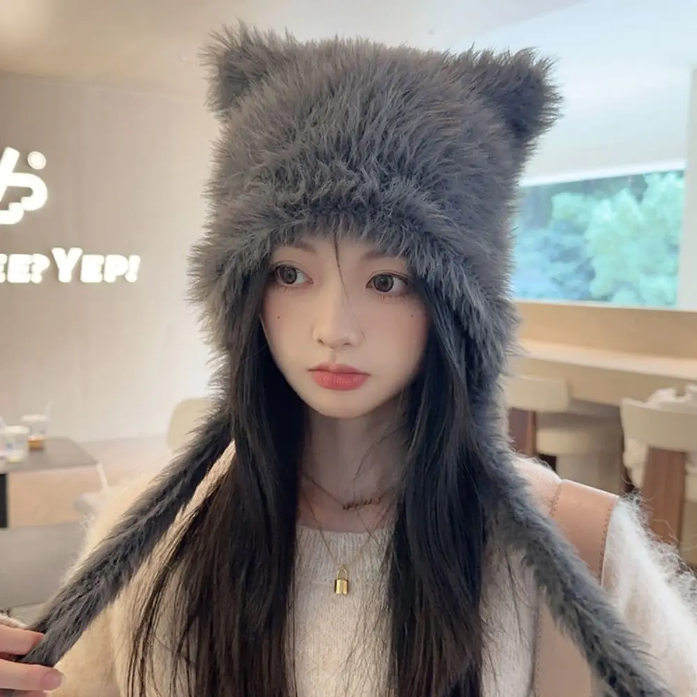 Casual Solid Color Winter Bear Ears Hat Windproof Plush Beanies Cap Thick Warm Ear Protection Women Earmuffs Cap