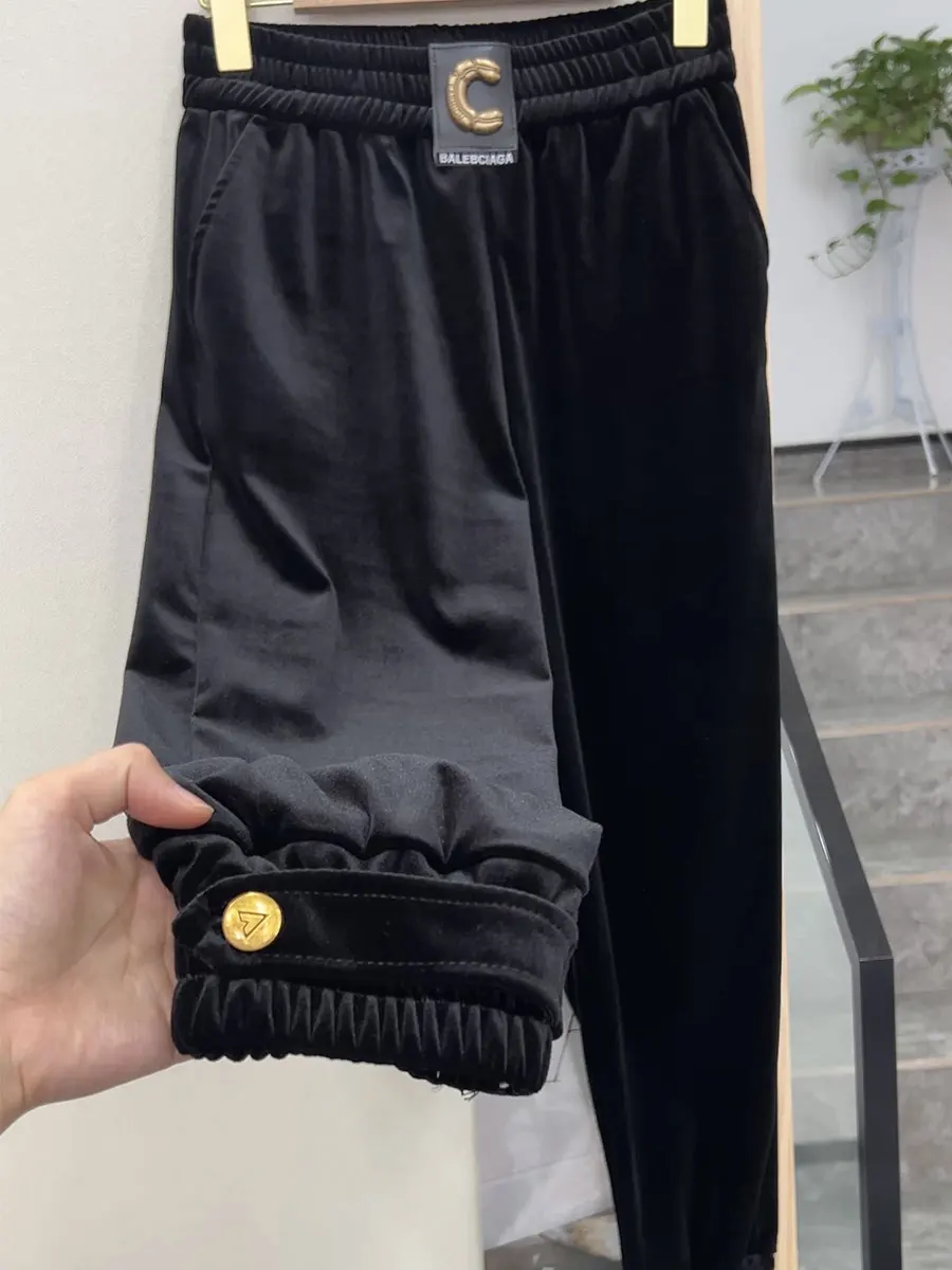 

Bla Velvet Trousers 2025 Autumn Nine-pointed Loose Wide-match Slimming Carrot Pants European Goods Casual High-waist Elastic