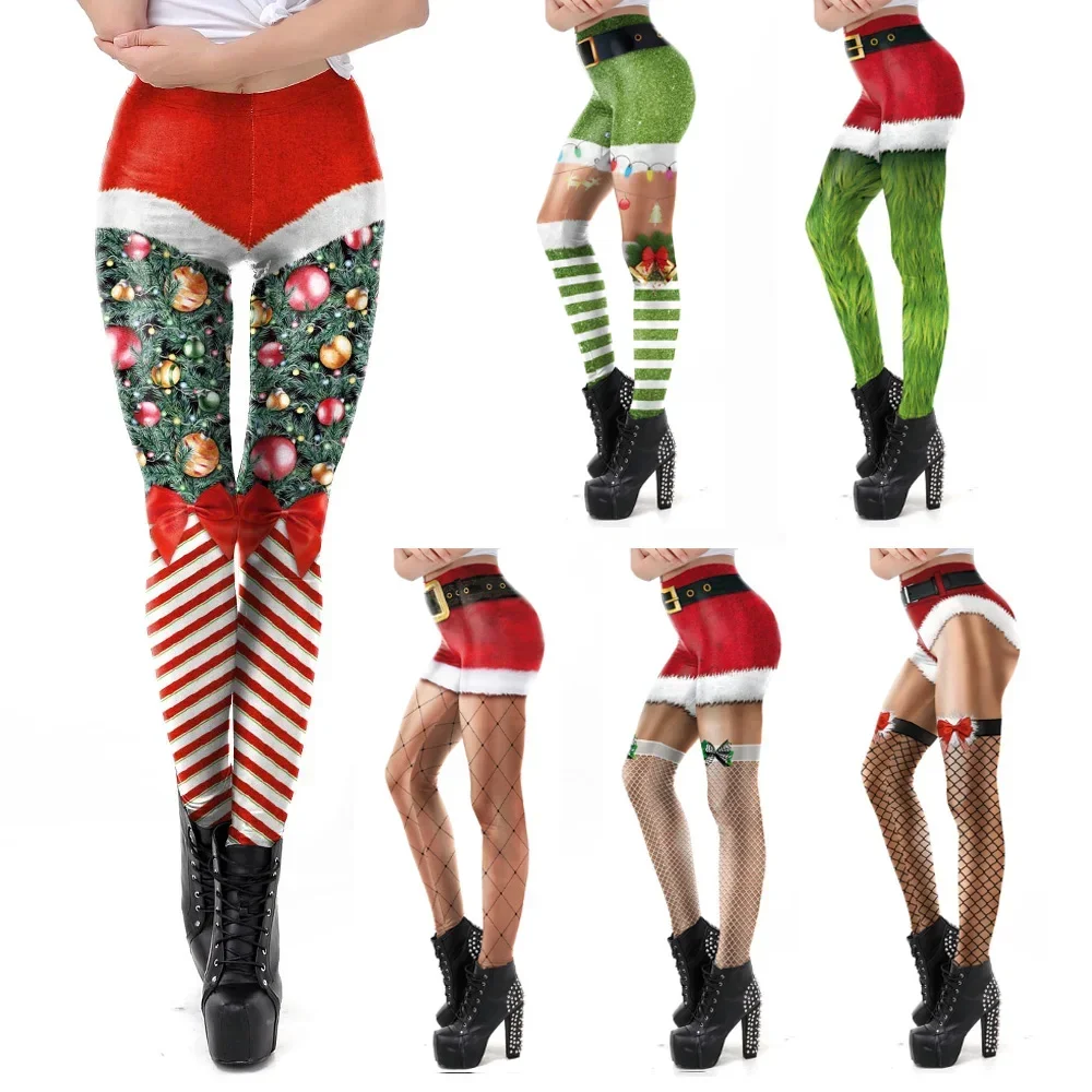 Christmas Belt Leggings Gift Autumn Winter Festival Legging  Women 3D Stripe Sexy High Waist Skinny Leggins