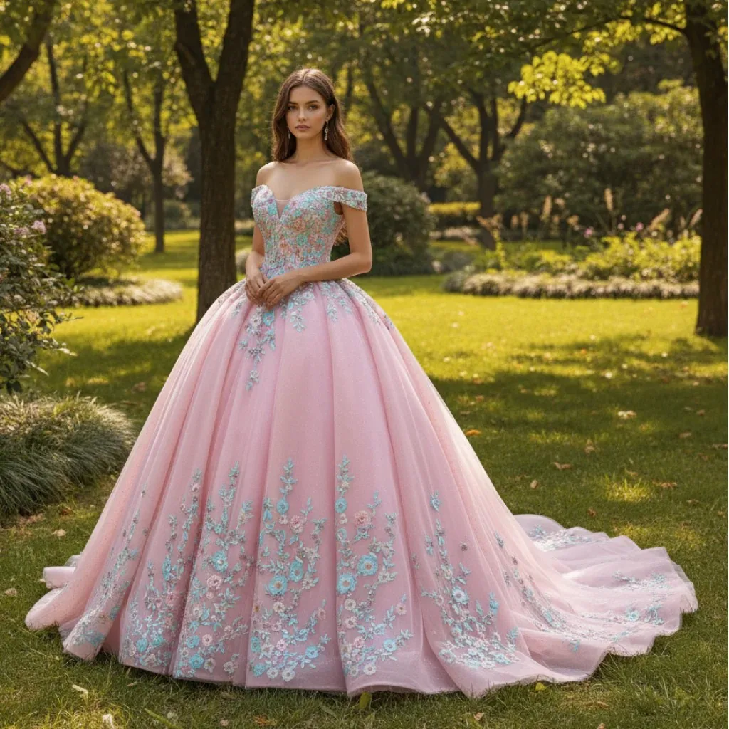 

Rosymae Luxury Elegant Pink Quinceanera Dress Off-Shoulder 3D Floral Appliqués Soft Tulle Skirt Extended Train for Girls