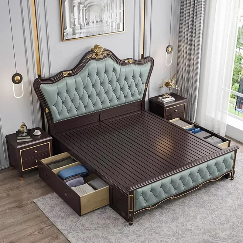 European Aesthetic Bed Marriage Queen Size Wood Princess Double Bed Modern Luxury Cama De Casal Luxuosa bedroom decoration