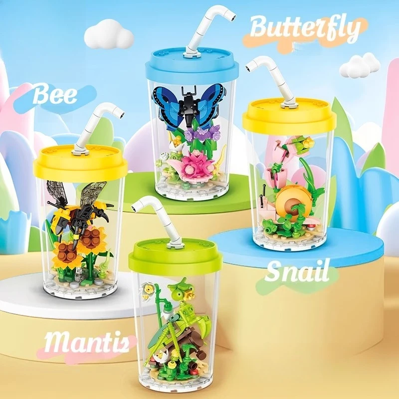 

SEMBO Bee Milk Tea Cup Building Blocks Children's Handmade Assembled Butterfly Cup Toys Preserved Flower Ornaments Model Gifts