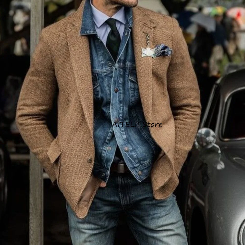 

Men's Social Coat Business Casual Style Fashion Suit Jackets Single-breasted Vintage Herringbone Fabric Jackets for Man Slim Fit