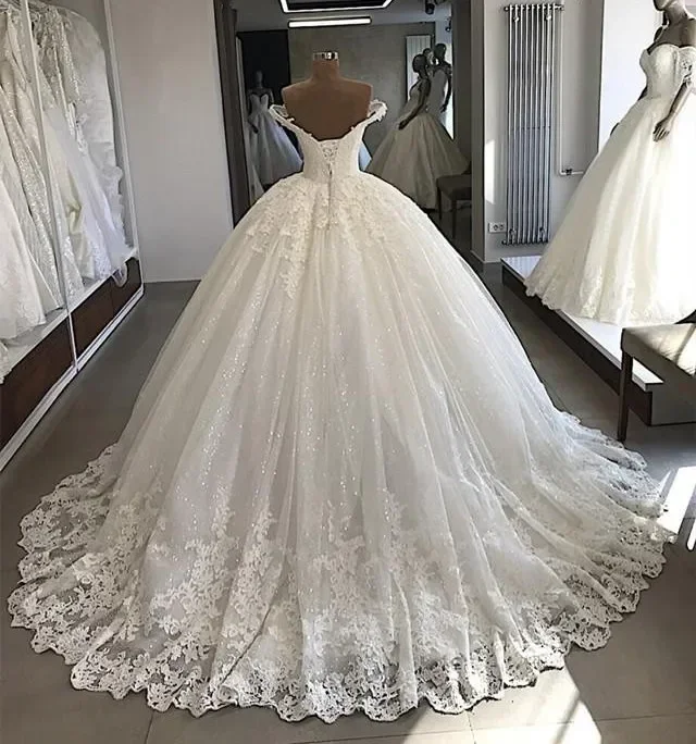 Personalizado dubai árabe elegante princesa renda vestido de baile fora do ombro apliques frisado trem varredura vestido de casamento nupcial