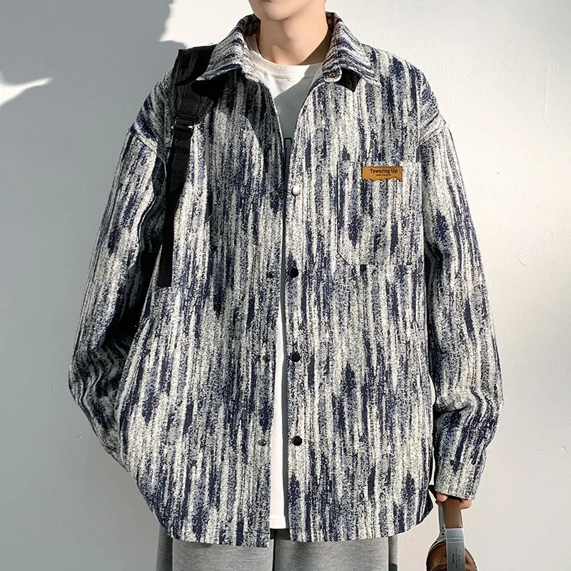 Men Abstract Vertical Striped Oversized Shirt Jacket Lapel Button Down Vintage Streetwear Patch Pocket Casual Shacket Outer Coat