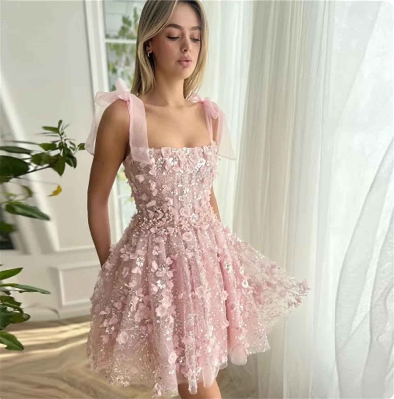 Pink 3D Floral Shiny Sequined Mini Homecoming Dress Spaghetti Strap Bow Straps A-Line Short Party Gown Puffy Tulle Cocktail Gown