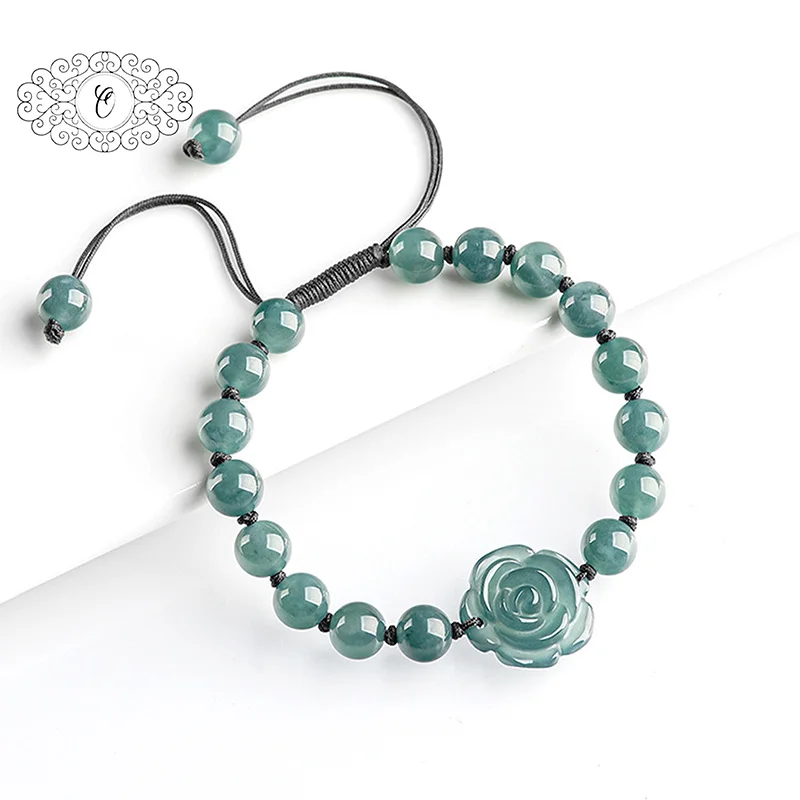 

Natural A - Grade Blue - Green Jade Rose Handmade Braided Bracelet, Elegant Jade Jewelry for Women
