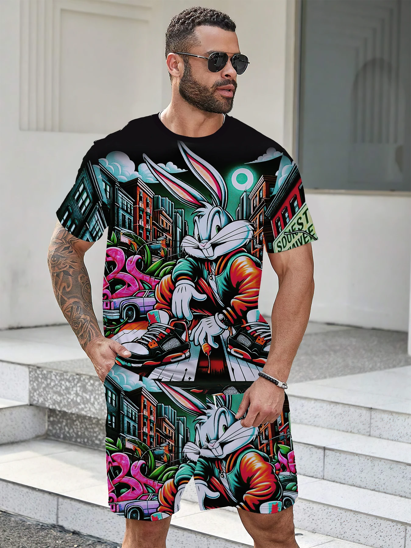 

A new 3D cartoon rabbit print casual fashionable soft comfortable lightweight and breathable men's suit for summer 2025