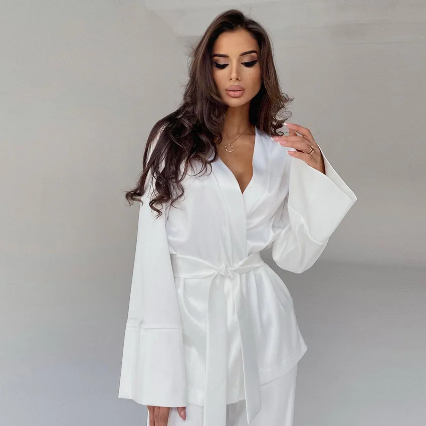 Wedding Bride Pajamas For Women Robe Sets Full Sleeves Women\'s Home Clothes Trouser Suits Satin Nightgowns 2022 Loungewear