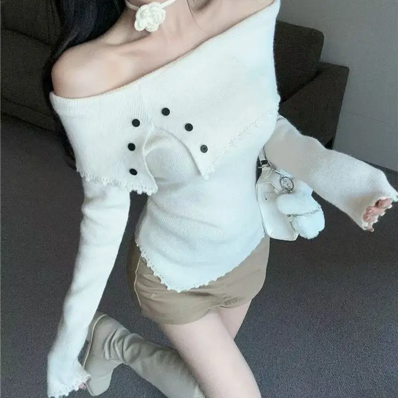 

Off Shoulder Sweet Y2k Sweater Women Slash Neck Button Knitted Slim Elegant Tops 2000s Aesthetic Korean Fashion Casual Pullovers
