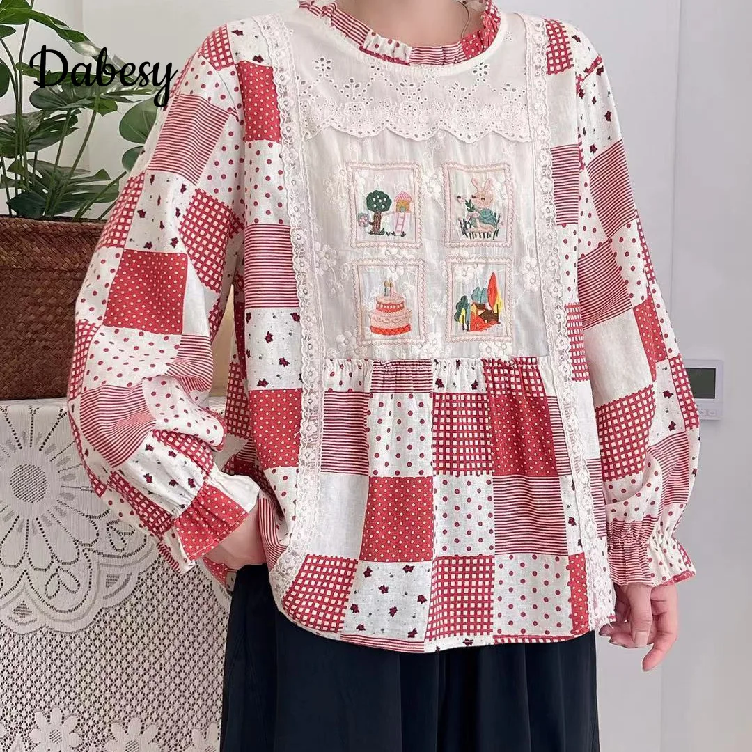 Vintage Plaid Mori Cotton Shirt Women Autumn Japanese Floral Embroidery Patchwork Long Sleeve Blouse Female Casual Kawaii Tops