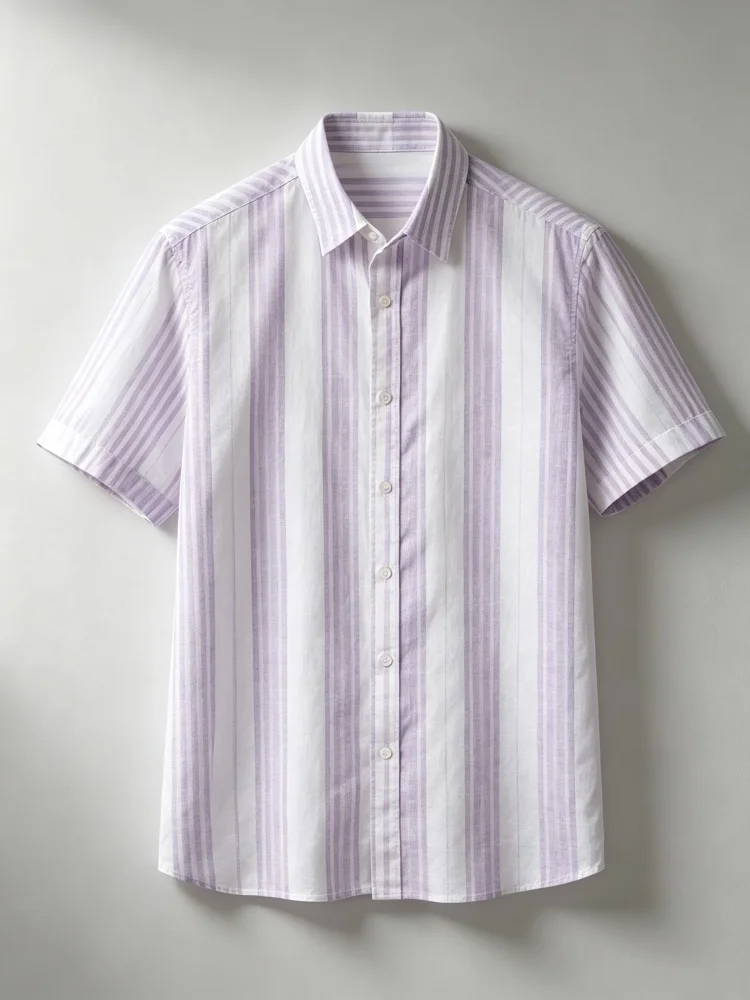 Men's vertical striped short sleeved shirt with lapel button up cardigan, European and American casual commuting shirt