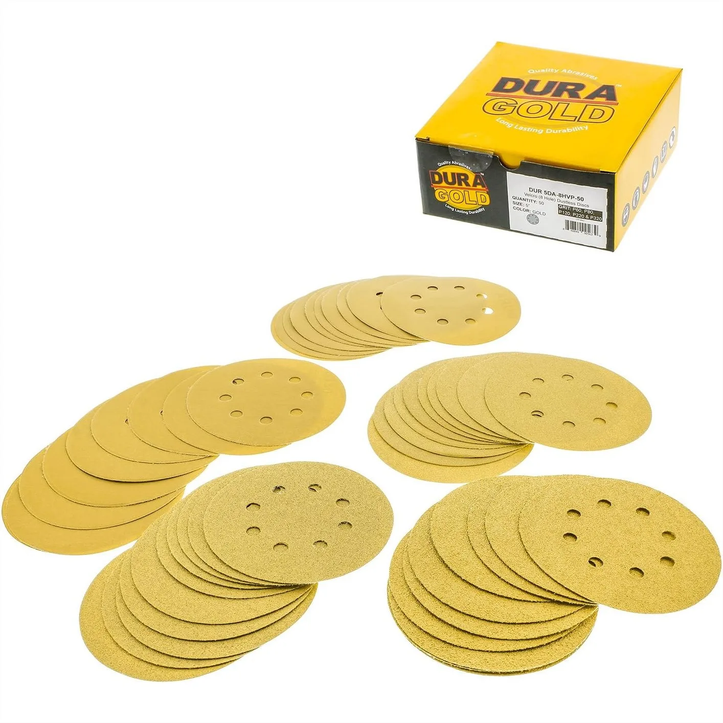 

5-inch Gold Sanding Discs Variety Pack, 8-Hole Dustless Hook and Loop, 50-Piece Box for Woodworking or Automotive Finishing