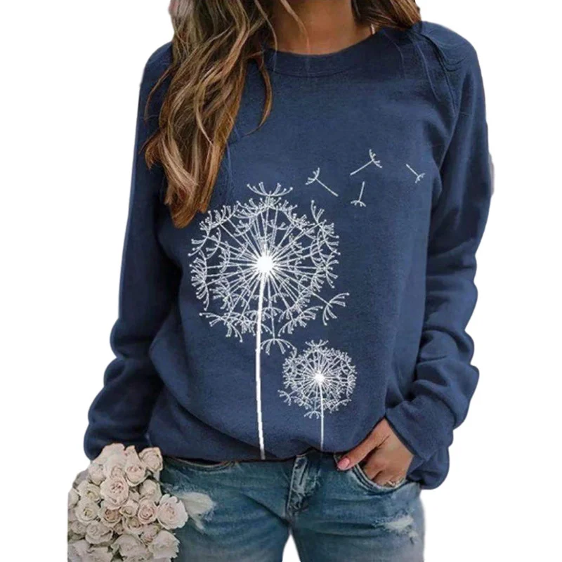 European and American autumn and winter new women\'s dandelion printed round neck long sleeved loose casual sweater