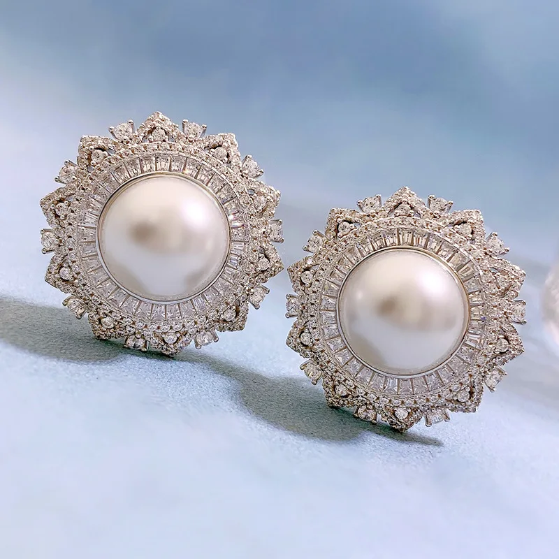 JECIRCON Flower-Shaped Pearl Earrings All Body 925 Sterling Silver Inlaid 12MM Shell Bead Studs Full High Carbon Diamond Jewelry