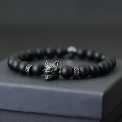 Noter Hiphop Men Bracelet Beaded 8mm Onyx Stone Braclet Wolf Lion Animal Braslet Punk Jewelry Pirate Skull Brazalete Zirconia