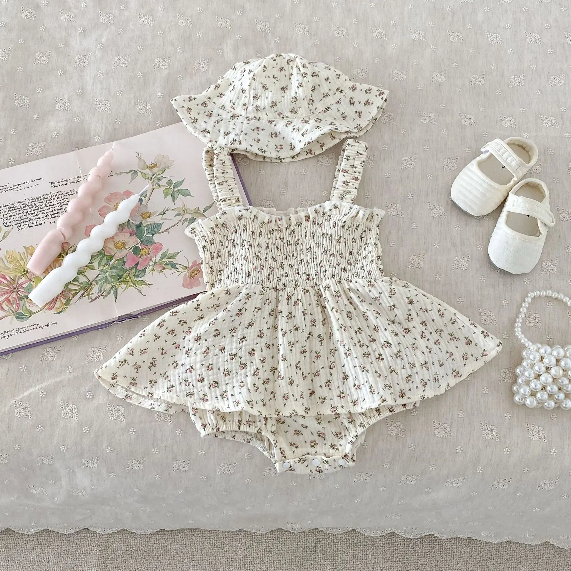 Summer Newborn Infant Baby Girls floral Romper + Hat Muslin Sleeveless Rompers Kids Onepiece Fashion Baby Clothing