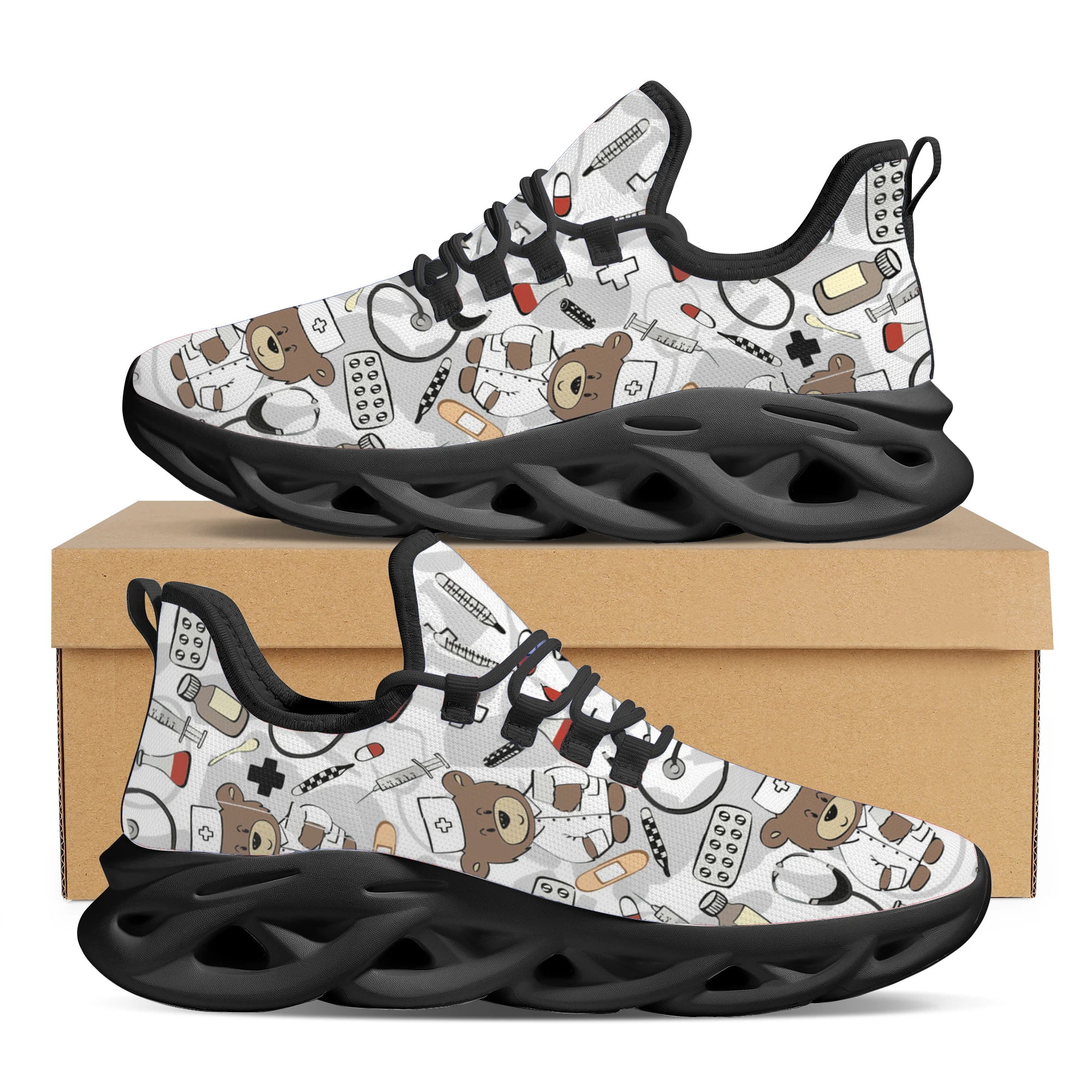 INSTANTARTS Female Cartoon Cute Nurse Bear Pattern Spring Flats Women Shoes Green Breathable Walking Sneakers Lace-up Footwear