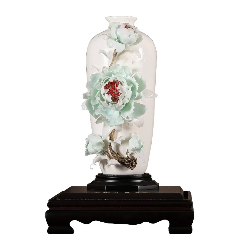 Peony vase ceramic high-end sense intangible cultural heritage hand-squeezed flower porcelain flower home living room entrance
