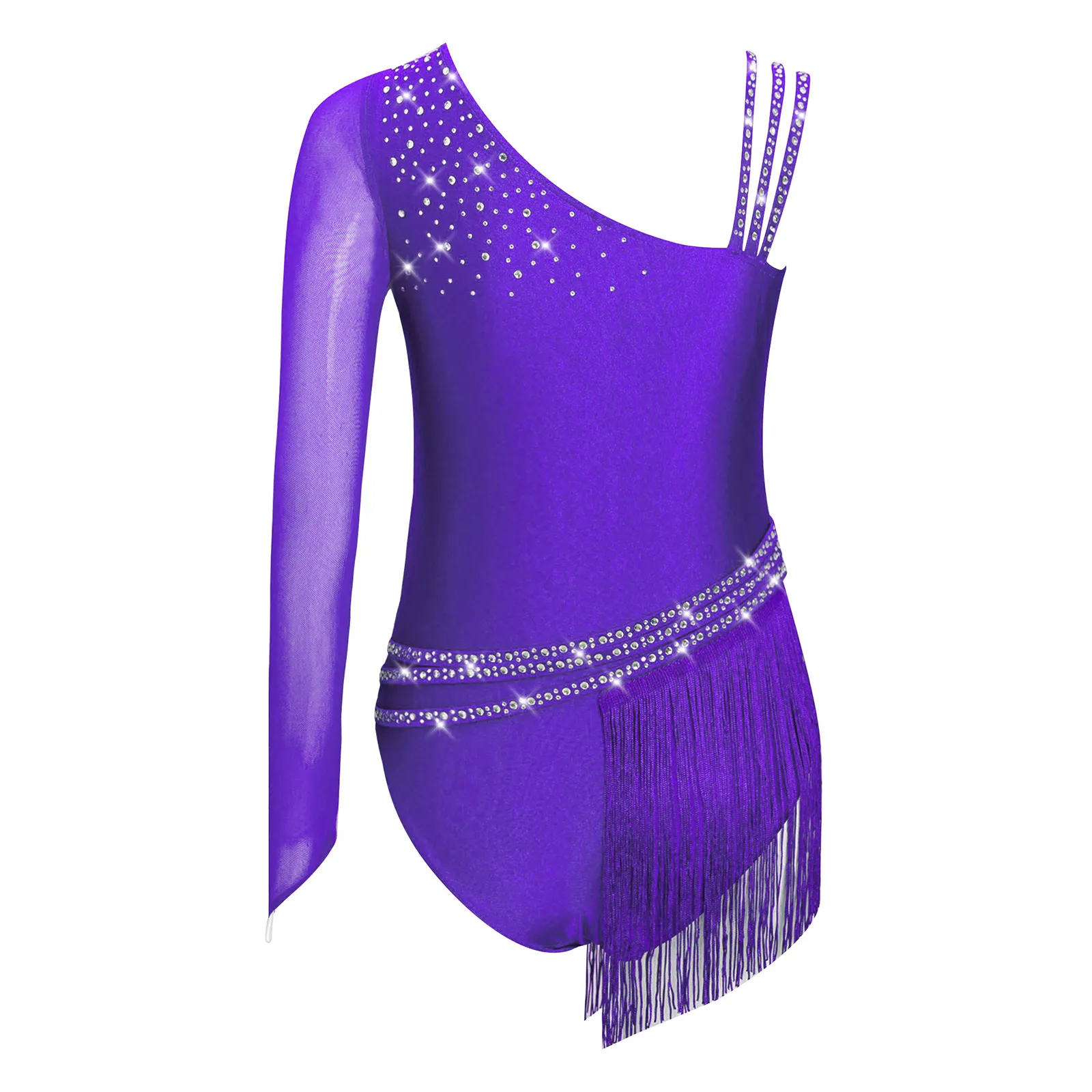 Kids Girls Glittery Rhinestones Fringe Figure Skating Dance Leotard Irregular Tassel Skirted Bodysuit for Latin Jazz Performance