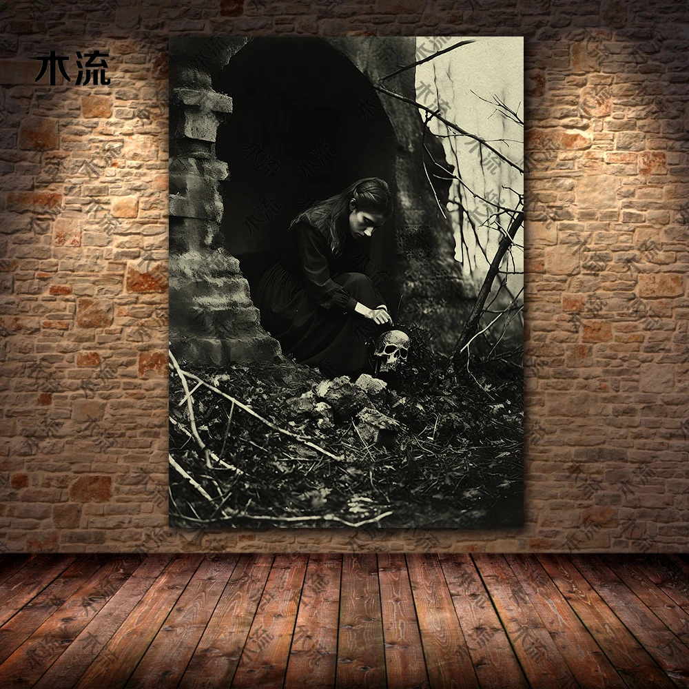 Vintage Pagan Witch Photo,Wall Art Canvas Painting,Cemetery Carnival, Horror Gothic Photography Art,Poster Print,Home Decoration