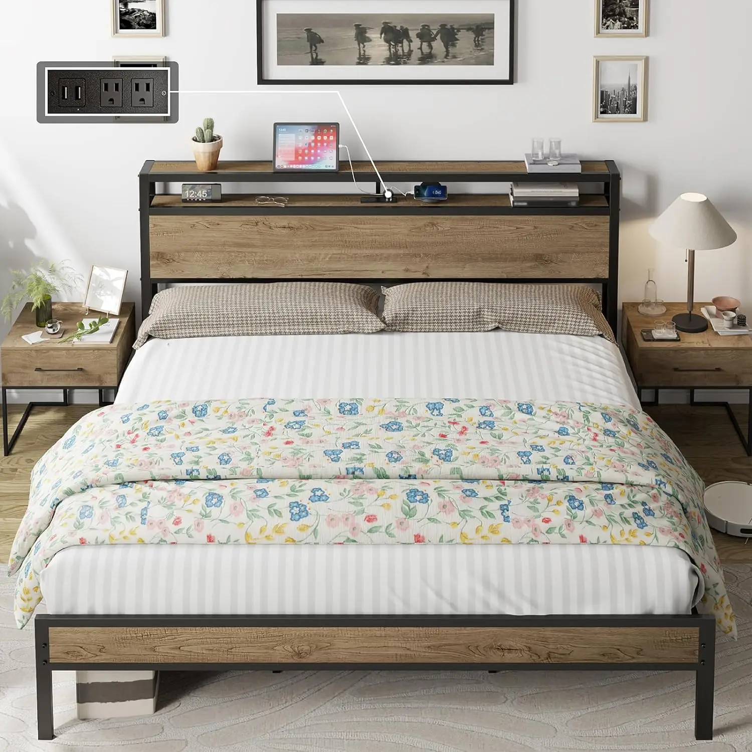 Extra large bed frame, industrial platform bed with 2-layer storage headboard/no need for springs/no noise/rural brown color