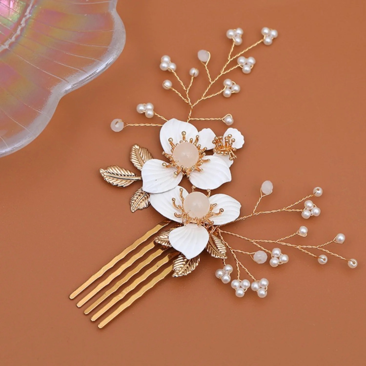 Pettine per capelli floreale fatto a mano per spose, lussuosi accessori in lega e fermagli per acconciature da donna con perle