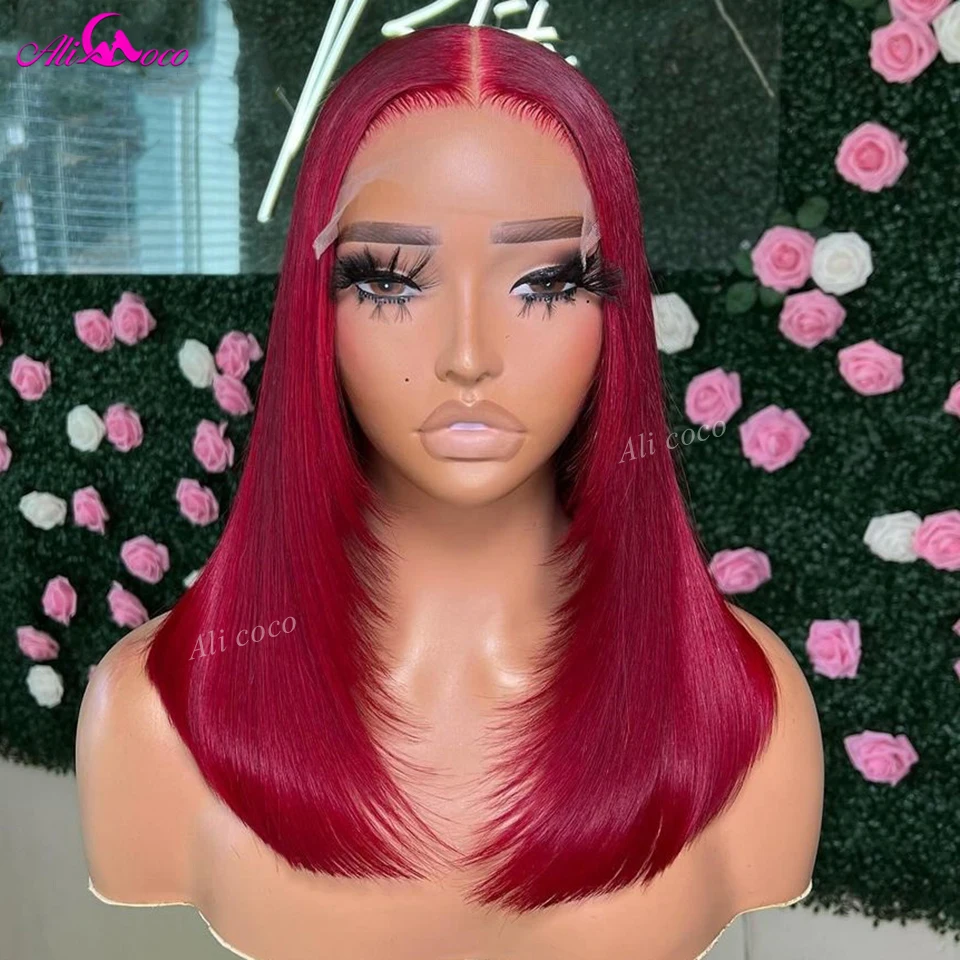 

180 Density 13x4 Red Straight Lace Frontal Human Hair Remy Wigs Short Bob Transparent Lace Front Wigs For Women Pre Plucked