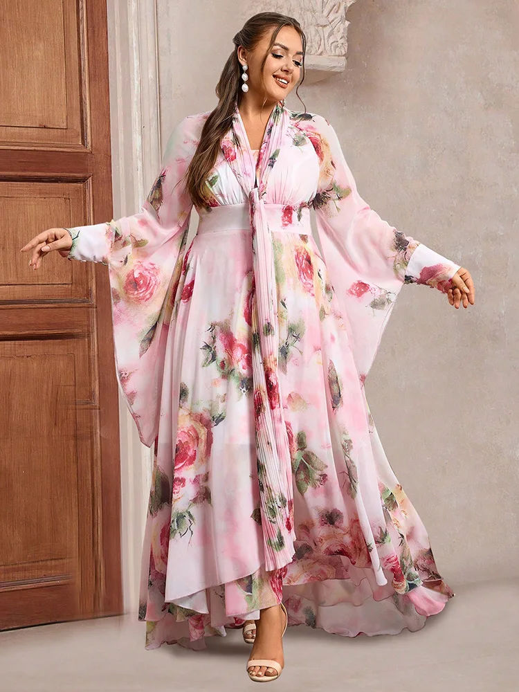 TOLEEN 2024 New Casual Elegant Long Sleeve Party Holiday Maxi Dresses Summer Plus Size Women\'s Simple Daily Floral Printed Dress