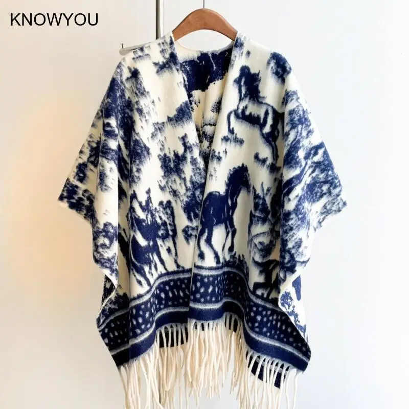 2025 New Shawl Womrn Luxury Print Chinese Style Wraps Warm Pashmina Artificial Cashmere Split Cloaks Loose Echarpes Capes