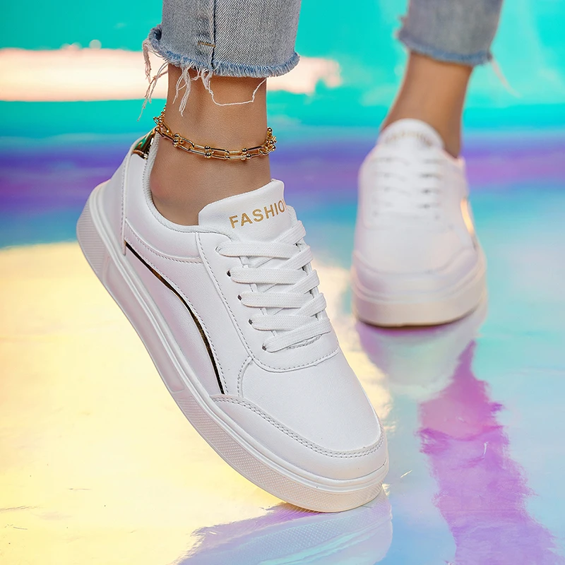 Women Men White Shoes Board Outdoor Lace Up PU Leather Flat Female Casual Shoes Sneakers Thick Sole White Walking Luxury Fashion