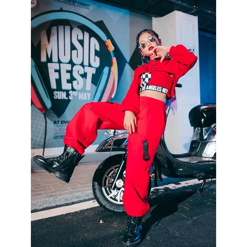 

ZZL K-pop сценические наряды, одежда для городских танцев для девочек, 3-х шт., красные, черные, белые костюмы, одежда для джазовых танцев в стиле хип-хоп, детский брючный костюм для шоу