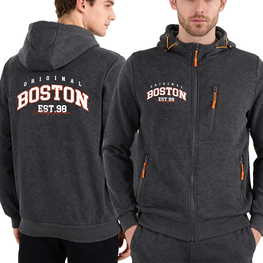 

Original Boston Est.98 Prints Men Zipper Hoody Y2K Loose Streetwear Fashion Fleece Hoodies Vintage Autumn Pocketed Clothing