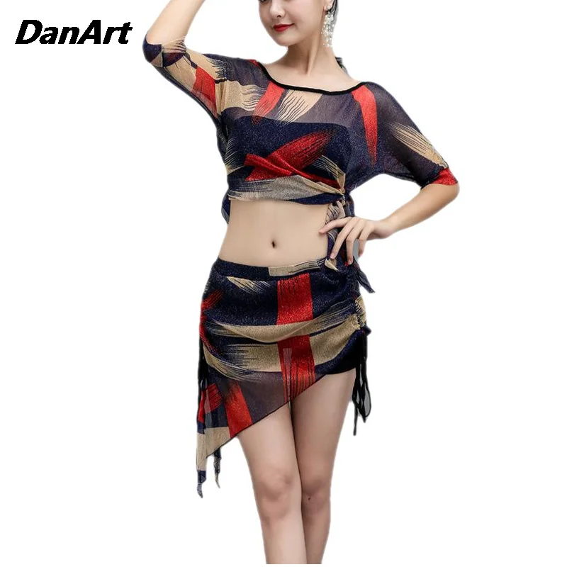 

Women Belly Dance Outfit Adult Mesh Practice Training Suit Dress Ladies Oriental Dancer Costume Set Big Sized Short Skirt