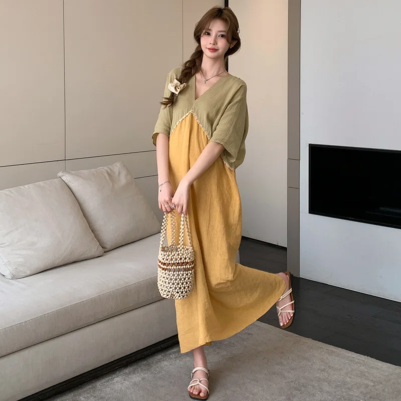 Maternity Dress Summer Linen Loose Breathable Comfortable Vacation Casual Gentle Patchwork Dress for Pregnant Women 2026
