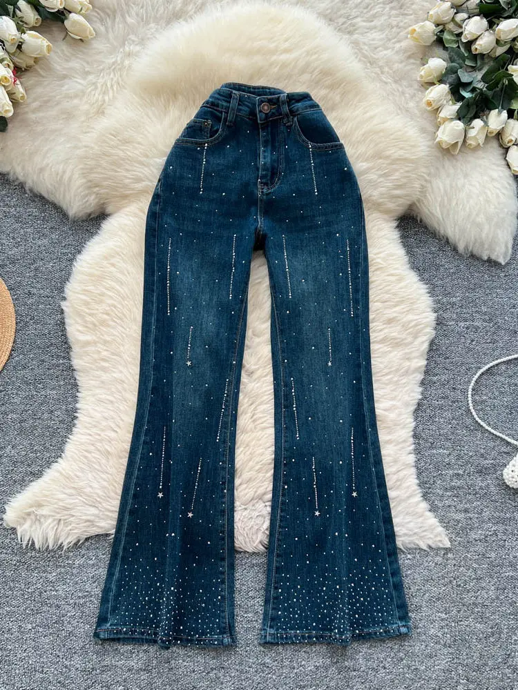 American style retro high waisted starry diamond denim micro flared pants women in spring slim fit versatile flared pants