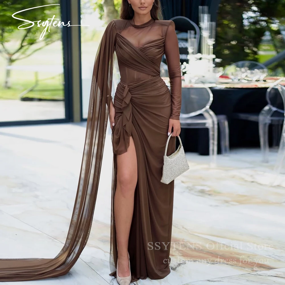 

SSYTENS Sexy Brown Illusion Prom Dresses High Slit Pleated Long Sleeves Party Dress Ruffles Wedding Party Gowns 2026 Customized