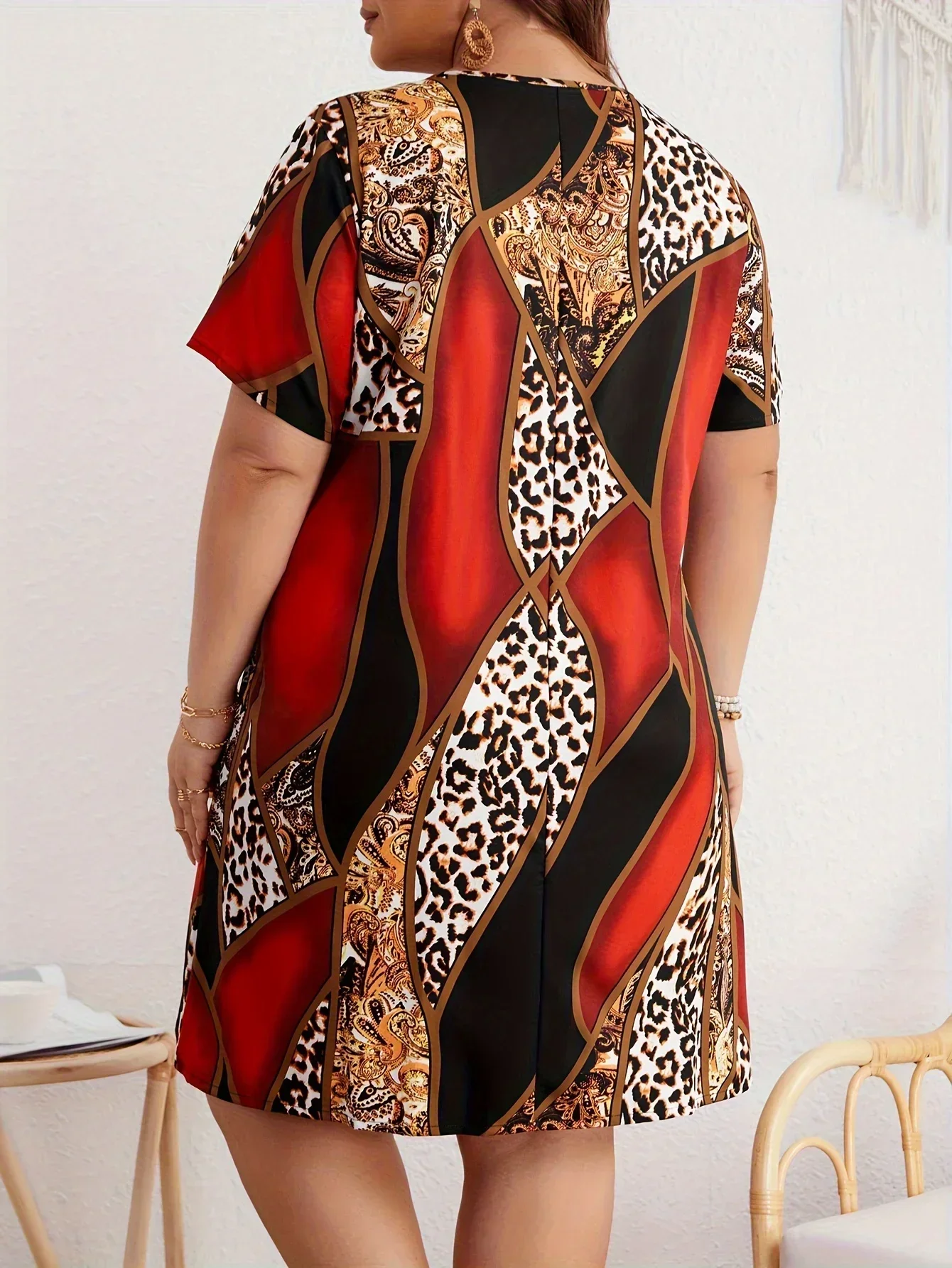 Plus Size Leopard Print Luźna sukienka, swobodna sukienka z krótkim rękawem na wiosnę i lato, odzież damska w dużych rozmiarach