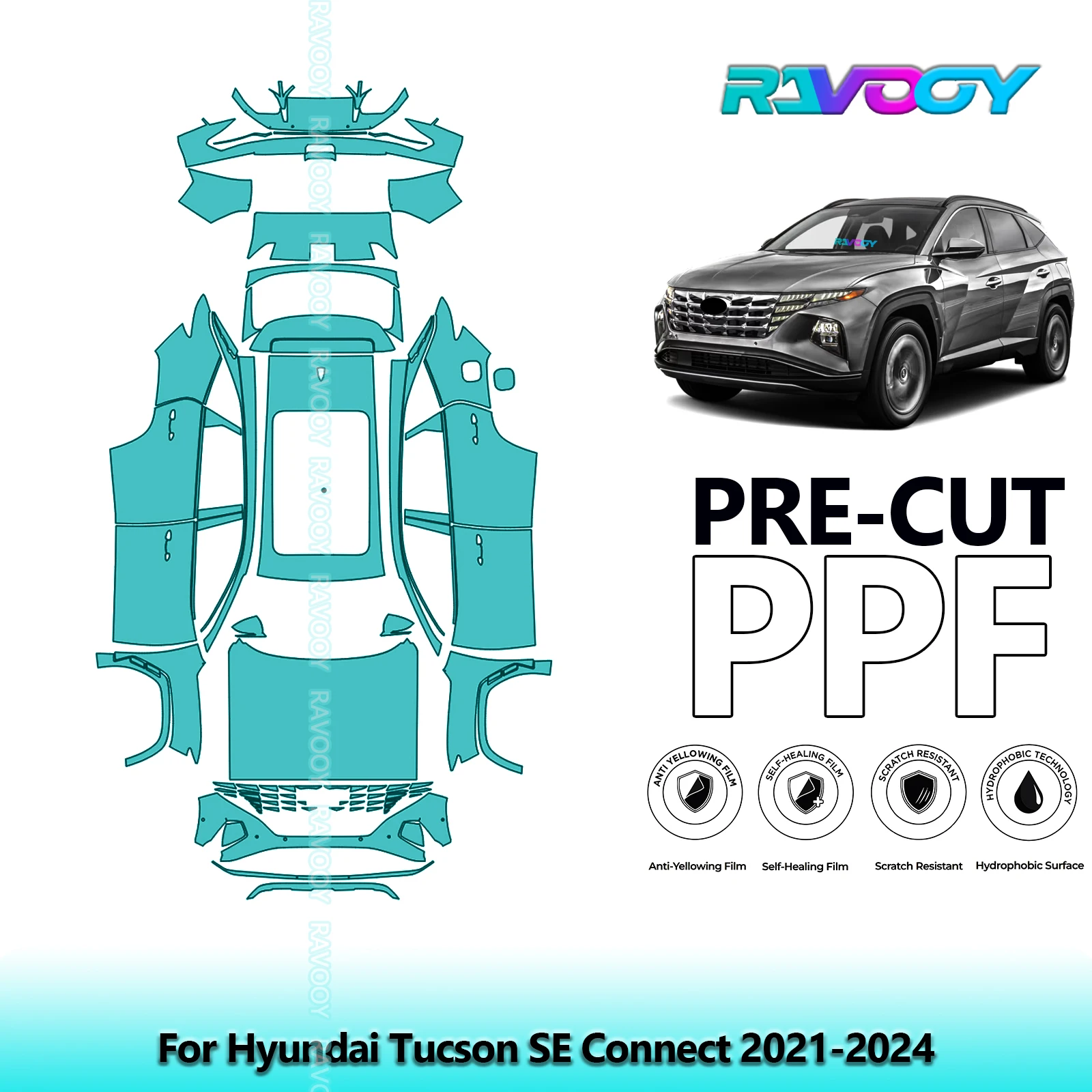 RAVOOY Custom-Fit Precut TPU PPF Full Vehicle Clear Bra Stone Guard EU UK For Hyundai Tucson SE Connect 2021-2024